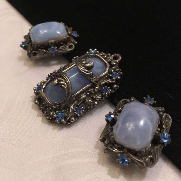 Vintage Blue Moonstone In Pot Metal Set - Picture 4 of 9
